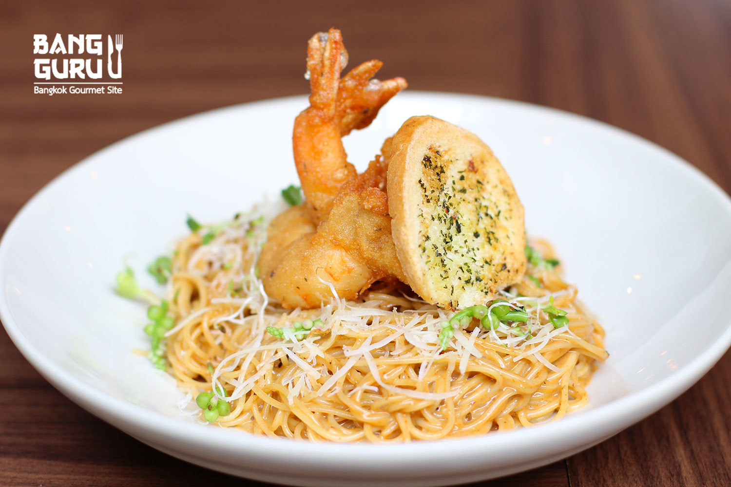 Capellini With Bisque Sauce and Battered Prawn